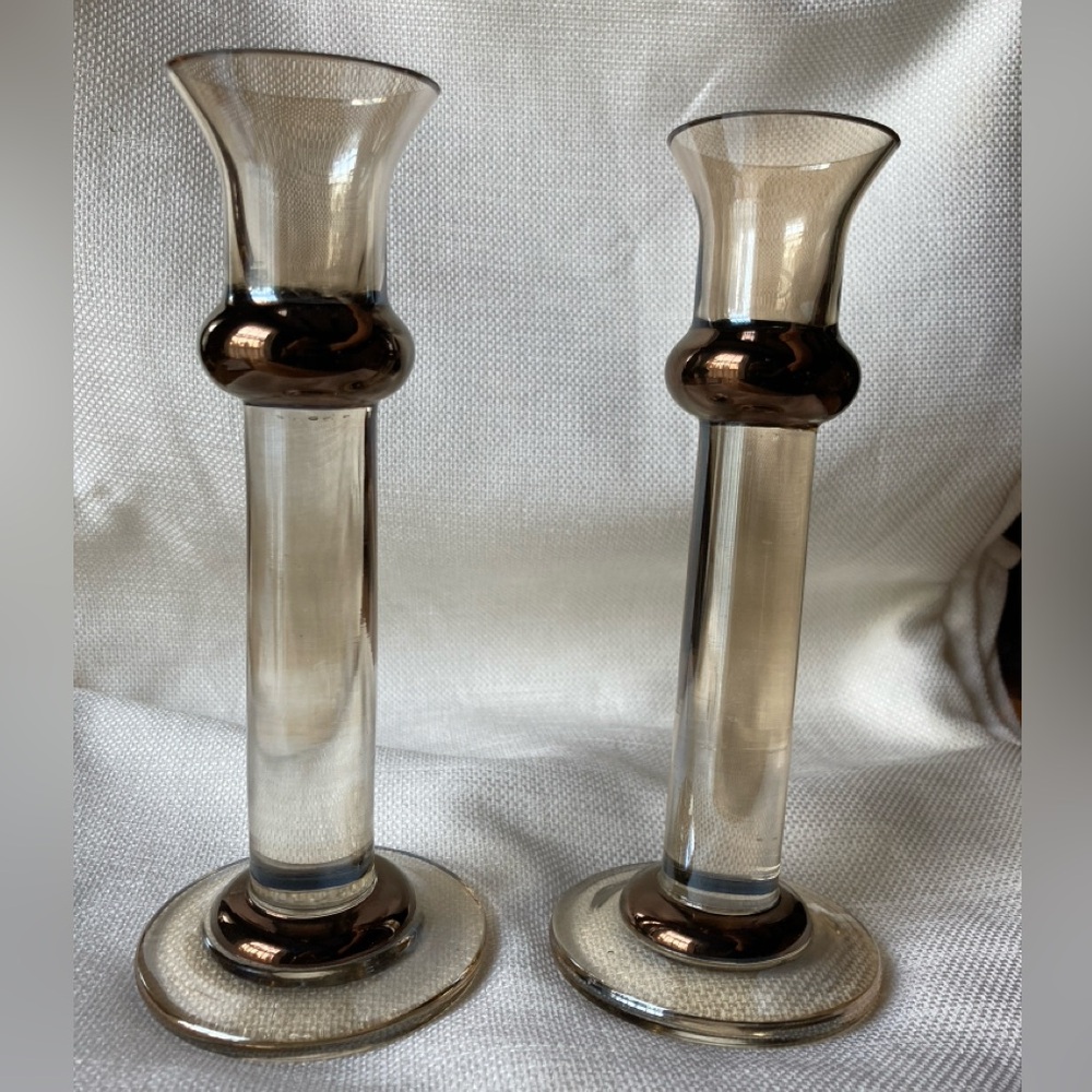 Krosno Poland Smoky Iridescent Glass Bronze Pillar Pair Candlestick Holders